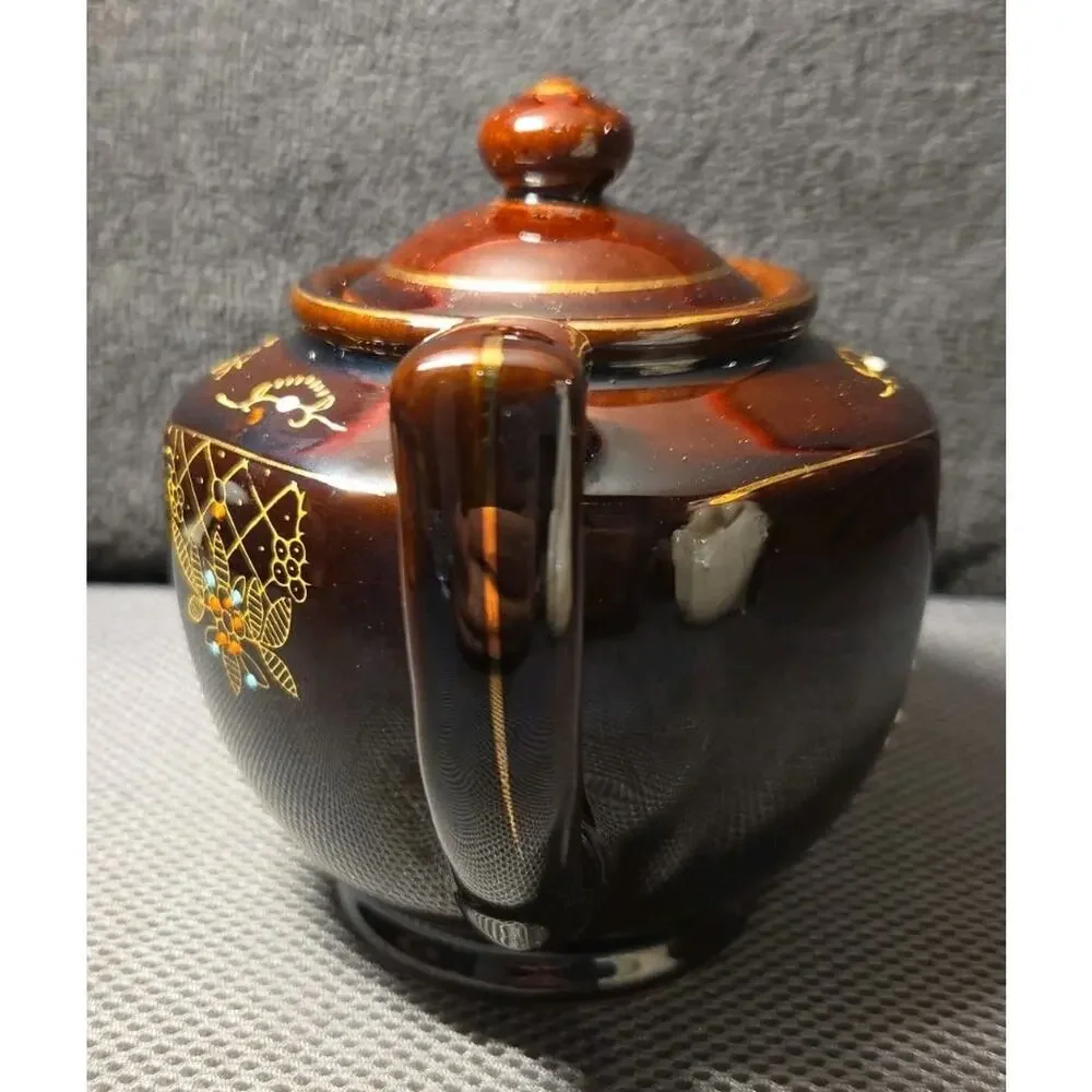 Vintage Brown Betty Redware Teapot Moriage Enamel Hand Painted Japan GUC MCM
